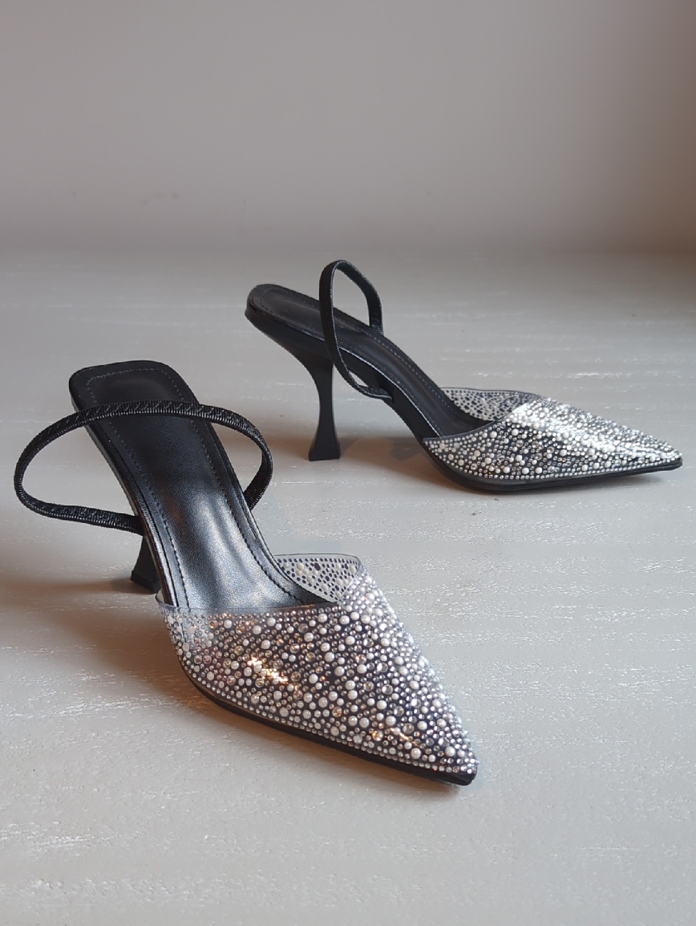 Embellished Black Pointed Toe Heels with Straps